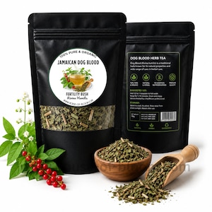 May include: Two black pouches of Jamaican Dog Blood herb tea with a clear window showing the contents. A wooden bowl and scoop hold the loose tea. The label reads "Fertility Bush Rivina Humilis".