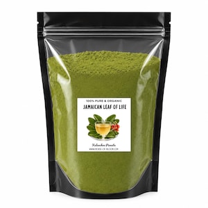 May include: A black pouch, sealed at the top, containing a vibrant green powder. The front features a white label with the text "100% Pure & Organic Jamaican Leaf of Life" and an image of a herbal tea.