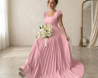 Elegant Mint Green Square Neck Pleated Maxi Dress | Summer Wedding Gown with Ruffled Sleeves