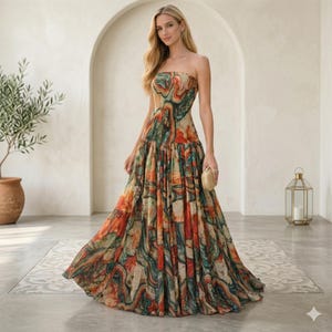 Strapless Maxi Dress, Colorful Pleated Summer Gown for Women, Boho Sunset Vacation Party Dress