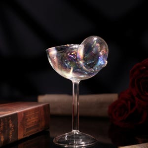 Puede incluir: Una copa de champán transparente con un diseño único en forma de burbuja en el borde. La copa tiene un tallo largo y un cuenco ancho, que refleja colores iridiscentes. Rosas rojas oscuras y un libro en el fondo.