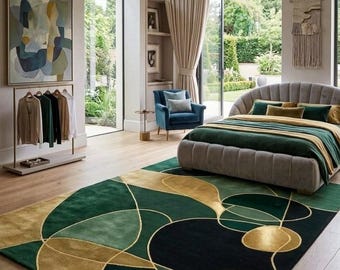 Abstrakt grönguldmatta: Lyxig geometrisk design för sovrum
