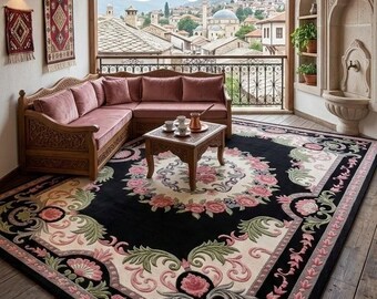 Elegant traditionell blommönstermatta med vintage ottomansk stil, mjuk och lyxig mattdesign, 8x11