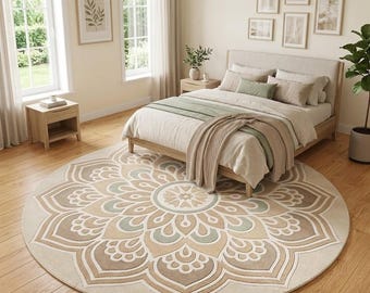Elegant Neutral Mandala Rund Matta Mjuk Beige Grön Modern Sovrum Vardagsrum Dekorationsmöbel 6x6