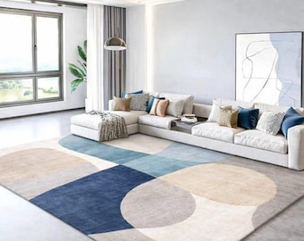 Modern abstrakt geometrisk matta: Mjukblå, beige vardagsrumsmatta