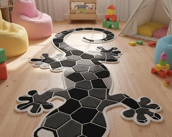 Kids Room Black White Lizard Shape Hand Tufted Soft Play Rug Carpet Floor Decor