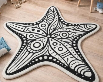 Handmade Starfish Kids Rug Soft Coastal Nursery Playroom Decor Blue White Area Carpet Floor