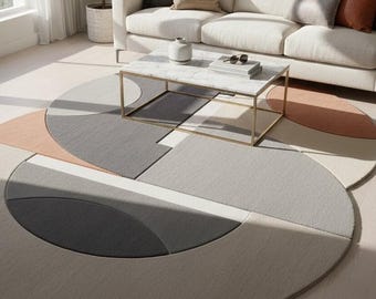 Modern abstrakt geometrisk rund matta – mjuk neutral vardagsrumsmatta (5x8)
