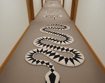 Modern Black White Snake Shaped Corridor Rug Hand Tufted Statement Floor Art Design Decor