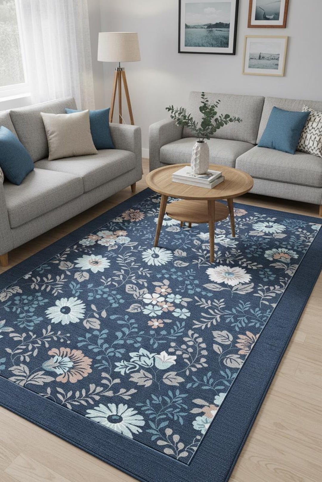 Modern Blue Floral Area Rug for Living Room Bedroom Scandinavian Home ...