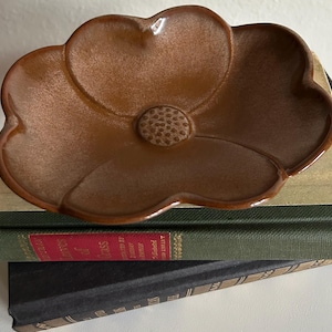 Vintage Frankoma Pottery Flower Dish, Brown Prairie Glaze, Mid Century Oklahoma Ceramic Bowl
