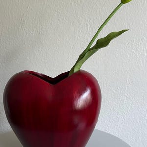 May include: A heart-shaped, deep red vase with a single white and green flower stem. The vase has a glossy finish and sits on a white surface. The flower stem has a green stem and a white bud.