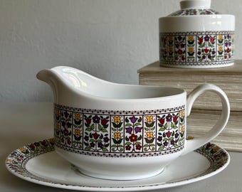 Vintage Royal Doulton Fireglow Gravy Boat, Sugar Bowl Set: English China Floral Serving