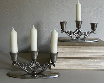 Vintage Pair of Sundstrom Pewter Three-Light Candle Holders | Swedish Pewter Candlesticks | Shell Motif Candleholders