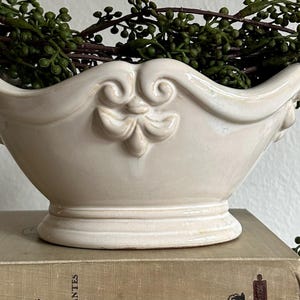 Vintage Cream Ceramic Cachepot: Scalloped Oval Planter, French Country Style