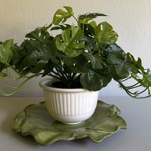 May include: A potted artificial Monstera plant with large, green, split leaves. The plant sits in a white, ribbed ceramic pot, placed on a green, leaf-shaped ceramic dish. The plant and dish are on a gray surface.
