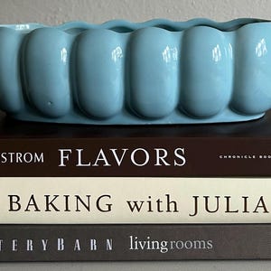 May include: A light blue ceramic planter with a scalloped design, resting on a stack of books. The books include titles like "Nordstrom Flavors" and "Baking with Julia". The planter is a decorative item.