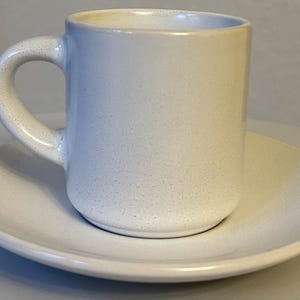 May include: A speckled, off-white ceramic coffee mug with a matching saucer. The mug has a rounded handle and sits on the saucer. The set is a neutral color, suitable for various kitchen decor styles.