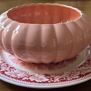 May include: A pink ceramic bowl with a ribbed exterior sits atop a decorative plate. The bowl has a wide, open top and a glossy finish. The plate features a red and white floral pattern around the rim, creating a vintage aesthetic.