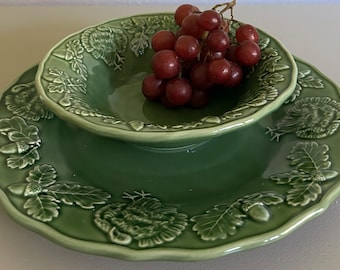 Vintage Bordallo Pinheiro Turkey Acorn Majolica Plate and Bowl Set – Portugal