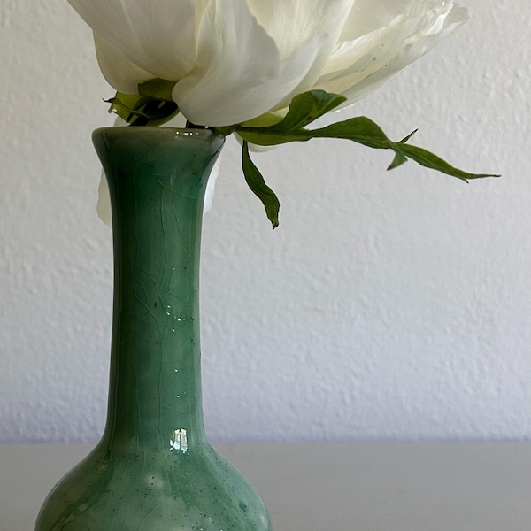 Red Wing Art Pottery Bud Vase, Green Crackle Glaze Ceramic Bottle Vase
