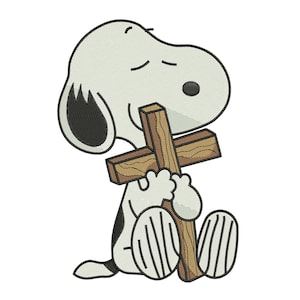 May include: An embroidered image of a cartoon dog with closed eyes, holding a wooden cross. The dog is white with black spots and black ears. The cross is brown. The dog is sitting down with its legs crossed.