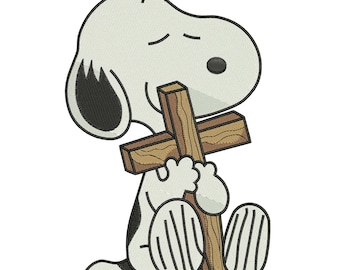 Snoopy Dog Praying with Cross Embroidery Design, Christian Puppy Religious Stitch File, Faith Inspired Machine Embroidery, Instant Download