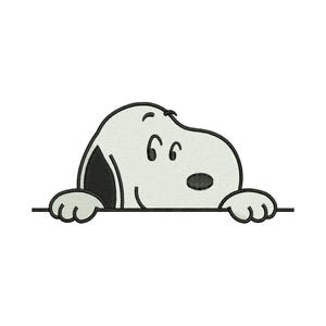 May include: An embroidered image of Snoopy, the cartoon dog, peeking over a horizontal line. Snoopy's head and paws are visible, with a light gray body, black ear, and black nose. The image has a simple, cartoon style.