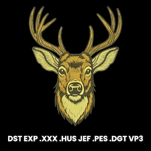 May include: Embroidered deer head design in shades of brown and gold on a black background. The deer has large antlers and detailed facial features. The text "DST EXP .XXX .HUS JEF .PES .DGT VP3" is at the bottom.