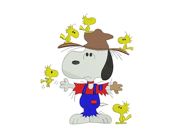 Snoopy Funny Scarecrow Birds Machine Embroidery Design, Cute Cartoon Animal Lover File, Instant Download DST EXP PES