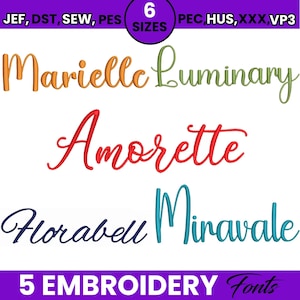 Puede incluir: Imagen que muestra cinco fuentes de bordado en naranja, verde, rojo, azul oscuro y turquesa. El texto incluye "Marielle Luminary", "Amorette", "Horabell Miravale" y "5 EMBROIDERY fonts". La imagen también muestra "6 SIZES".