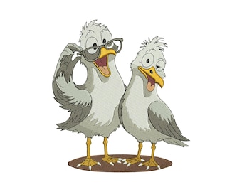Funny Seagulls Couple Machine Embroidery Design, Cute Cartoon Beach bird Animal lovers File, Instant Download DST EXP PES