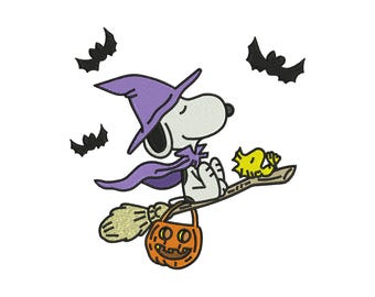 Snoopy Witch Flying on Broomstick Halloween Machine Embroidery Design, Cute Cartoon Spooky Pumpkin Bats File, Instant Download DST EXP PES