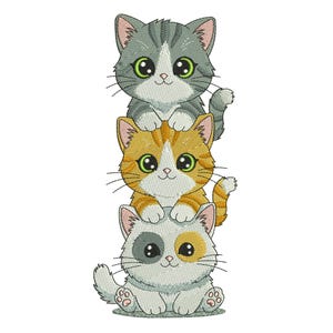 May include: A stack of three cartoon cats. The top cat is gray with black stripes and green eyes. The middle cat is orange and white with green eyes. The bottom cat is white with gray and orange patches and black eyes. The cats are smiling.