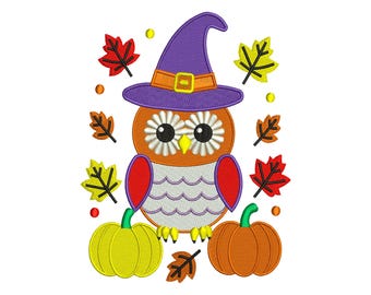 Halloween Owl Witch Hat Machine Embroidery Design, Horror Cartoon Pumpkins Spooky Season Holiday File, Instant Download DST EXP PES