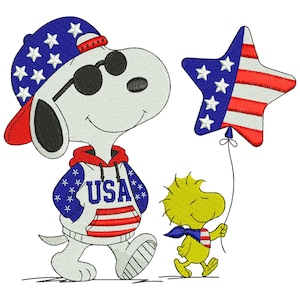 May include: Embroidered image of a cartoon dog wearing sunglasses, a blue and red USA hoodie, and a matching baseball cap with stars. A yellow bird holds a star-shaped balloon with red and white stripes and blue stars. The image has a patriotic theme.