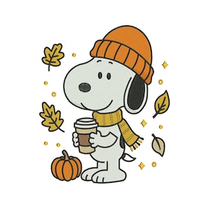 May include: An embroidered design of a white cartoon dog wearing an orange knit beanie and a yellow scarf. The dog holds a brown coffee cup. The scene includes an orange pumpkin, several yellow autumn leaves, and small gold star accents.