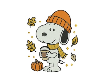 Snoopy Autumn Leafs with Coffee Machine Embroidery Design, Cute Cartoon Fall Cozy Season Holiday File, Instant Download DST EXP PES