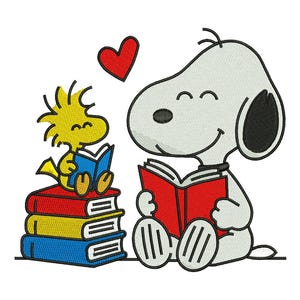 Puede incluir: Un diseño de bordado que muestra a un beagle blanco con orejas negras leyendo un libro rojo, sentado junto a un pájaro amarillo que lee un libro azul sobre una pila de tres libros en rojo, amarillo y azul, con un corazón rojo flotando.