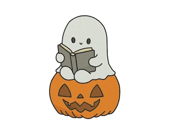 Reading Ghost Sitting on Pumpkin Machine Embroidery Design, Cute Cartoon Chibi Halloween File, Instant Download DST EXP PES