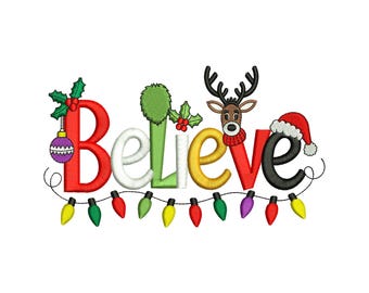 Believe Christmas Reindeer Lights Machine Embroidery Design, Cute Cartoon Winter Season Holiday File, Instant Download DST EXP PES