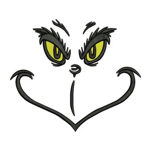 May include: An embroidery design featuring a stylized face with sharp, black stitched lines forming arched eyebrows, a small nose, and a wide, curved grin. The eyes are filled with bright yellow thread, featuring black pupils and thick lashes.
