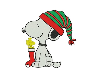 Snoopy Happy Christmas Santa Hat Machine Embroidery Design, Cute Cartoon Holiday Winter Season File, Instant Download DST EXP PES
