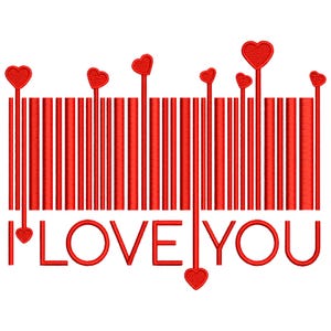Puede incluir: Diseño rojo con patrón de código de barras y detalles de corazón. El diseño presenta líneas verticales rojas, con corazones que reemplazan algunas líneas y están encima del texto. El texto "I LOVE YOU" también es rojo. Un diseño romántico y decorativo.