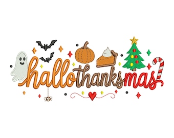 Hallothanksmas Ghost Halloween Pumpkin Machine Embroidery Design, Cute Cartoon Bats Spooky Season Holiday File, Instant Download DST EXP PES