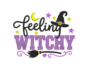 Feeling Witchy Halloween Machine Embroidery Design, Cute Cartoon Spooky Season Witch Hat Broom Holiday File, Instant Download DST EXP PES