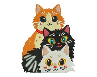 Diseño de bordado a máquina de trío de gatos esponjosos, archivo para amantes de los gatos de dibujos animados, descarga instantánea DST EXP PES