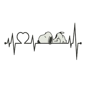 May include: A black and white graphic of a heartbeat line with a heart shape and a cartoon dog lying down. The dog is white with black ears and spots. The design is on a white background.