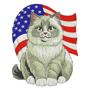 May include: An embroidered image of a fluffy cat with grey and white fur, sitting in front of an American flag. The flag has red and white stripes and a blue field with white stars. The cat has a smiling expression.