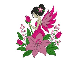Pink Flower Magical Fairy Machine Embroidery Design, Cute Cartoon Floral Garden File, Instant Download DST EXP PES